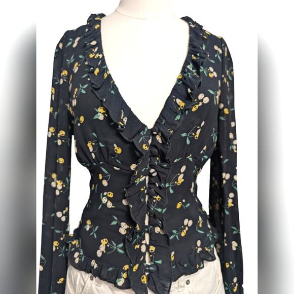 Free People Lemon Flower Printed Blouse Size XS - Picture 6 of 10